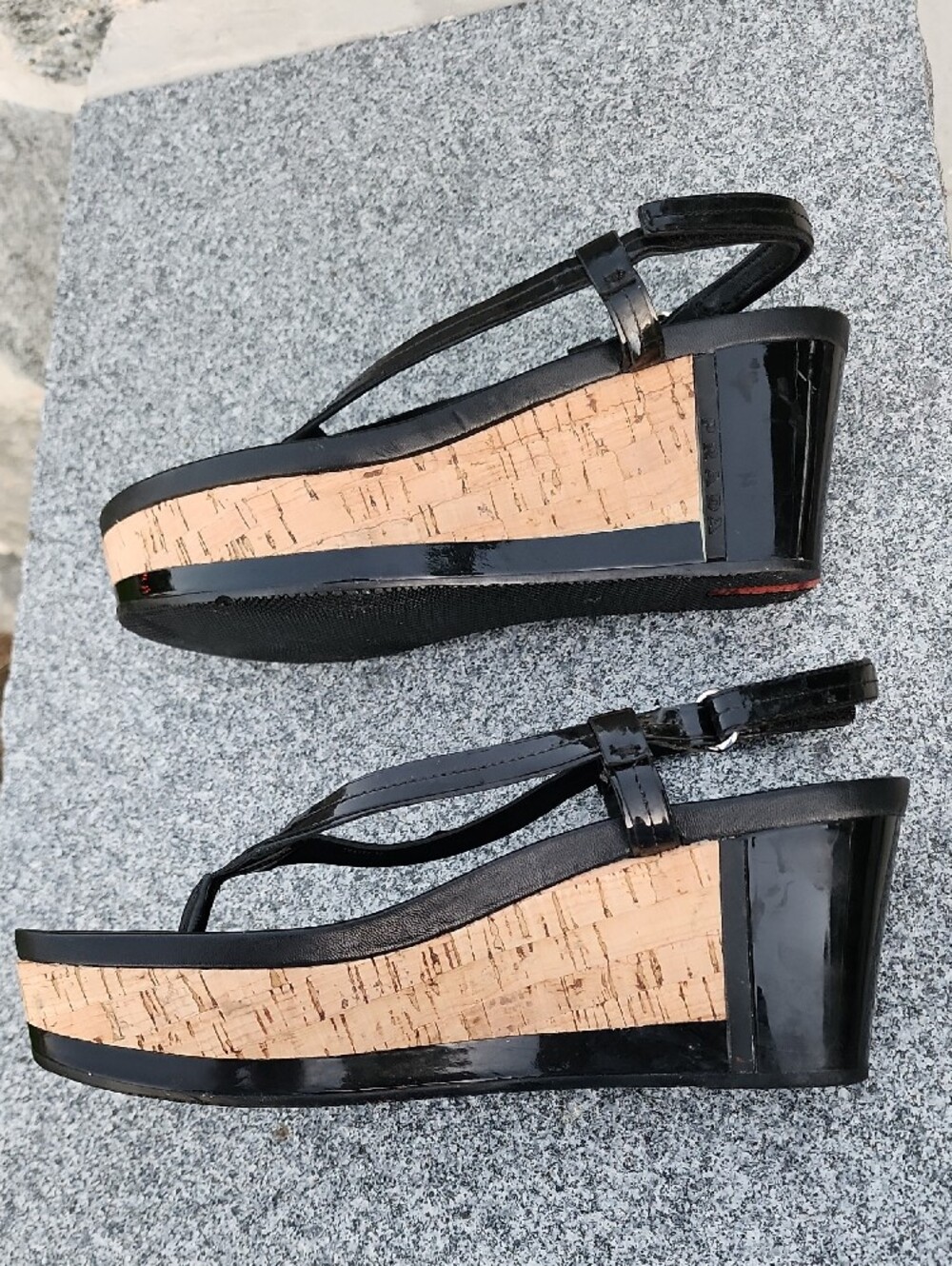 Prada Black Patent Leather Cork Wedge Thong Sandals - Picture 13 of 15